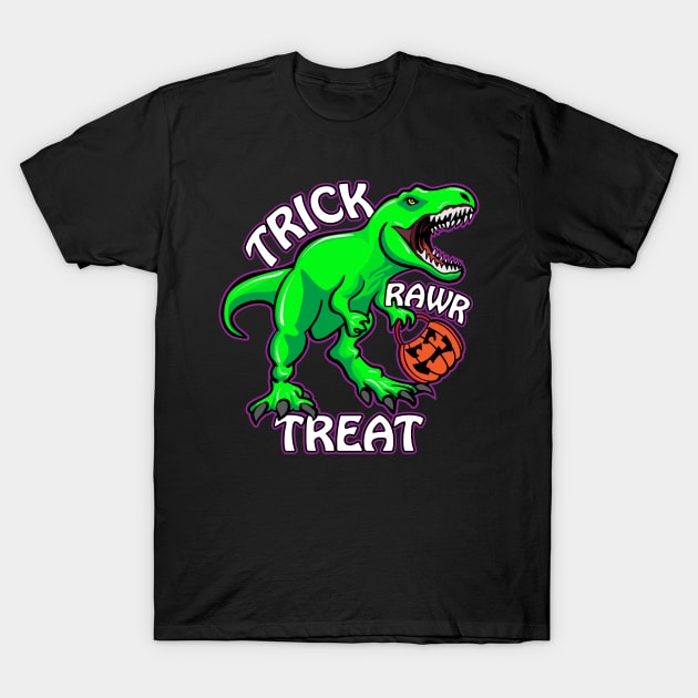 Trick Rawr Treat T Rex Dinosaur with Pumpkin Funny Halloween Cartoon T-Shirt by hobrath